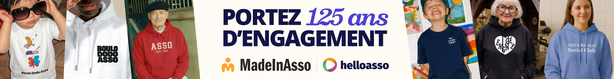 125 ans de la loi 1901 : la loi du 1er juillet 1901 qui régit le fonctionnement associatif fête ses 125, découvrez la collection capsule élaborée par Hello Asso et Made In Asso et portez fièrement votre engagement !